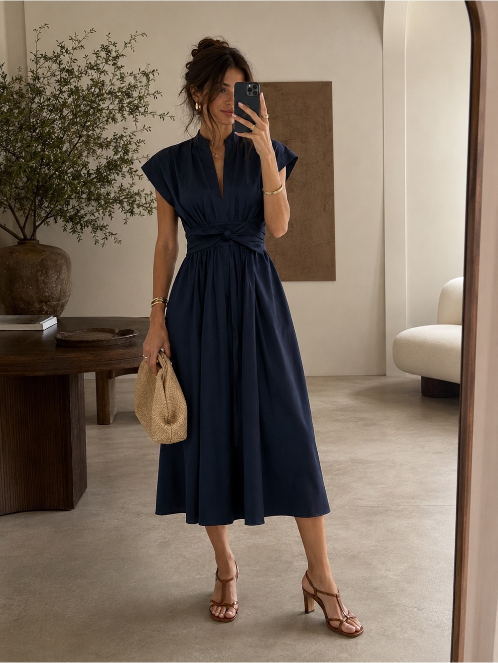 Kobi Halperin Kiernan Navy Ruched Tie-Waist Cap-Sleeve Midi Dress Size S